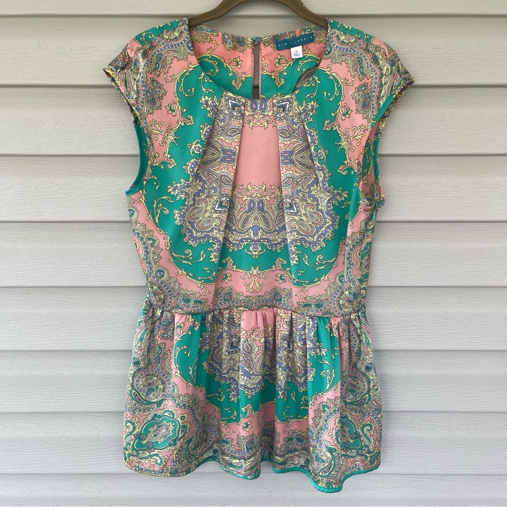 Pim + Larkin Paisley Green Peach Cap Sleeve Peplum Top Size M